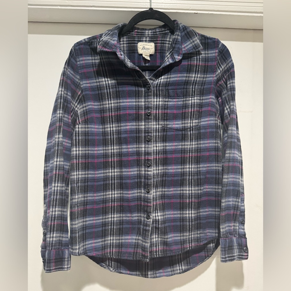 GH BASS & CO Womens Flannel Button Shirt Blue & Pink Plaid Long Sleeve ~ Size S